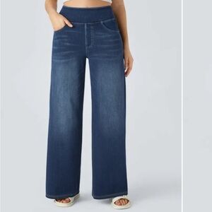 Halara pull on Wide-Leg Denim Jeans elastic waist size large tall long blue